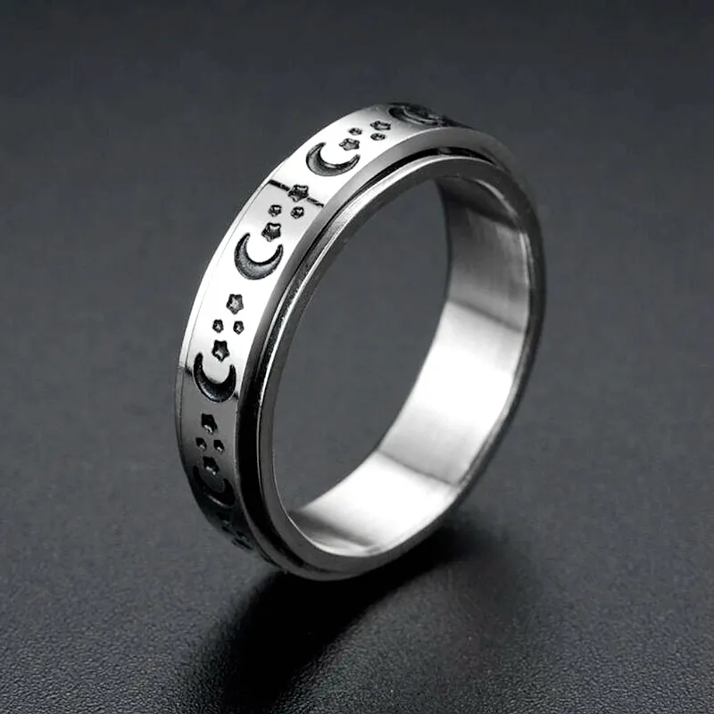 Bague De Méditation En Acier Au Titane Anti Stress Rotative Étoile Lune Soleil Cœur Marguerite Gravée Pour Hommes Femmes Unisexe