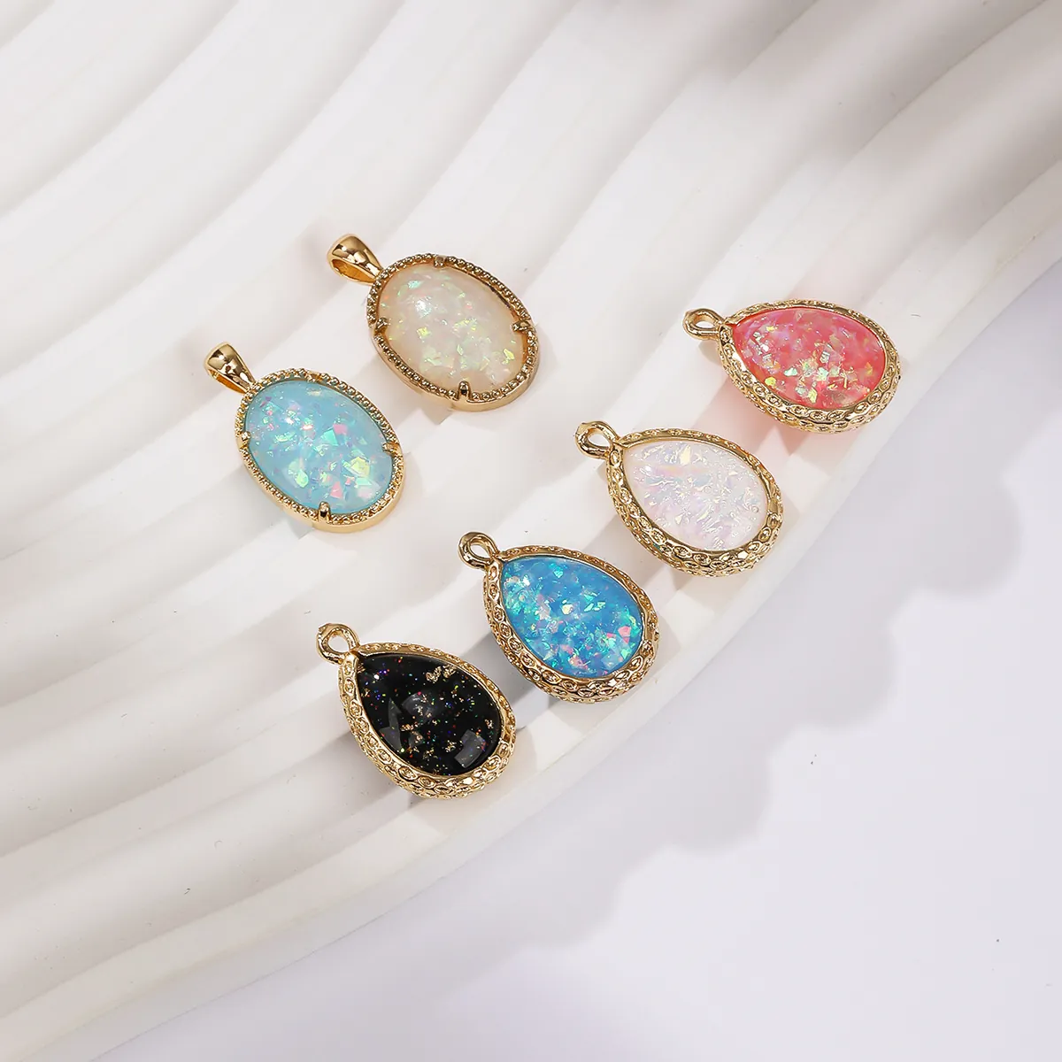 Simulated Opal Pendant Geometric Teardrop Oval Charm For DIY Jewelry Making 18K Gold Plated Copper Accessories For Women