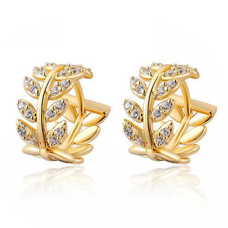 Leaf Branch Huggie Earrings Alloy Rhinestone Olive Leaf Design Minimalist Small Hoop For Women Elegant Jewelry
