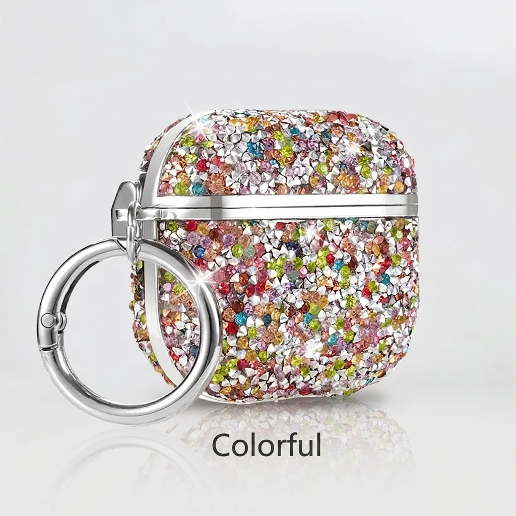 Luxury Rhinestone Wireless Earphone Protective Case With Metal Hook Sparkly Full Coverage Cover Portable