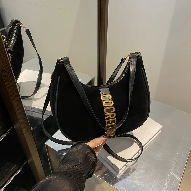 Women Suede Hobo Underarm Bag Half Moon Shoulder Bag Gold Metal Letters Retro Minimalist Zipper Solid Color