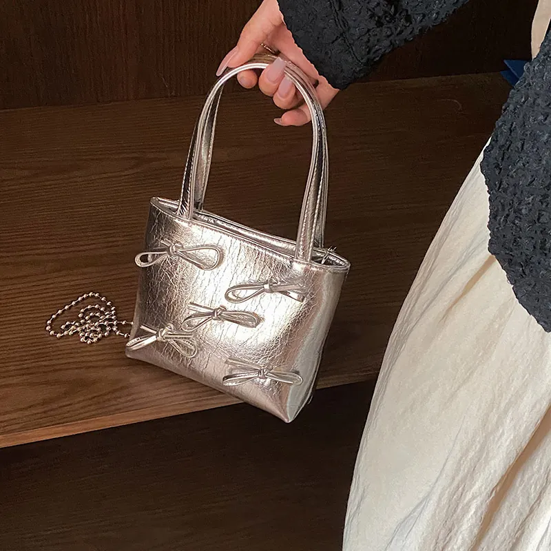 Mini Handbag Silver Metallic PU Leather Bow Decorations Crumpled Texture Crossbody Bag Ball Chain Strap Fashion Women