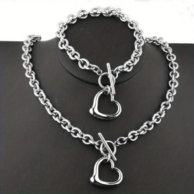 Stainless Steel Hollow Heart Pendant Necklace Bracelet Rolo Chain Jewelry With Toggle Clasp Polished Minimalist Women