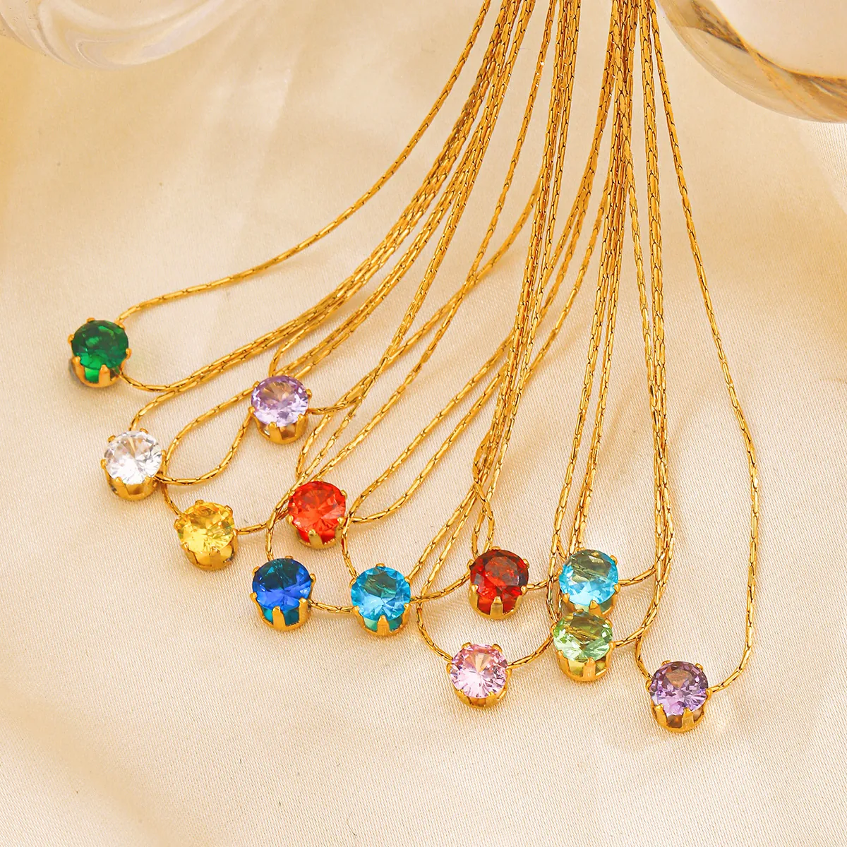Birthstone Pendant Necklace Round Zirconia Stainless Steel Gold Plated Colorful 6-Claw Elegant Jewelry For Women