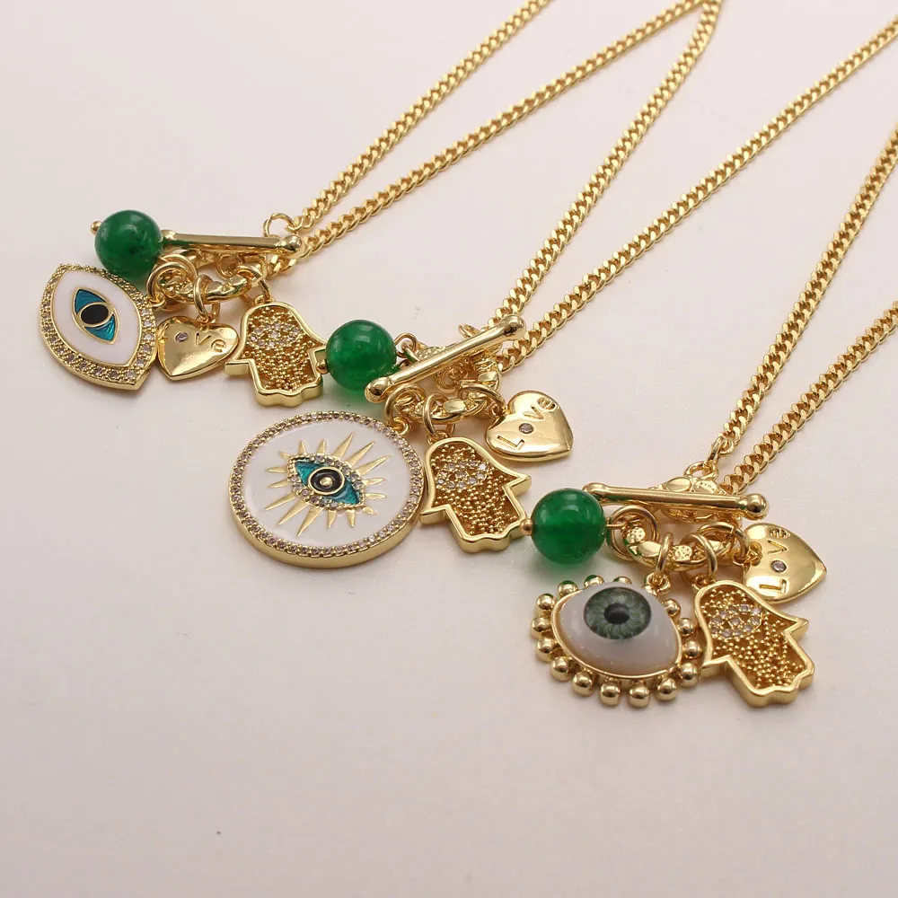 Bohemian Copper Gold Plated Necklace Evil Eye Hamsa Hand Heart Pendant AAA Zircon Green Bead Sweater Chain Jewelry