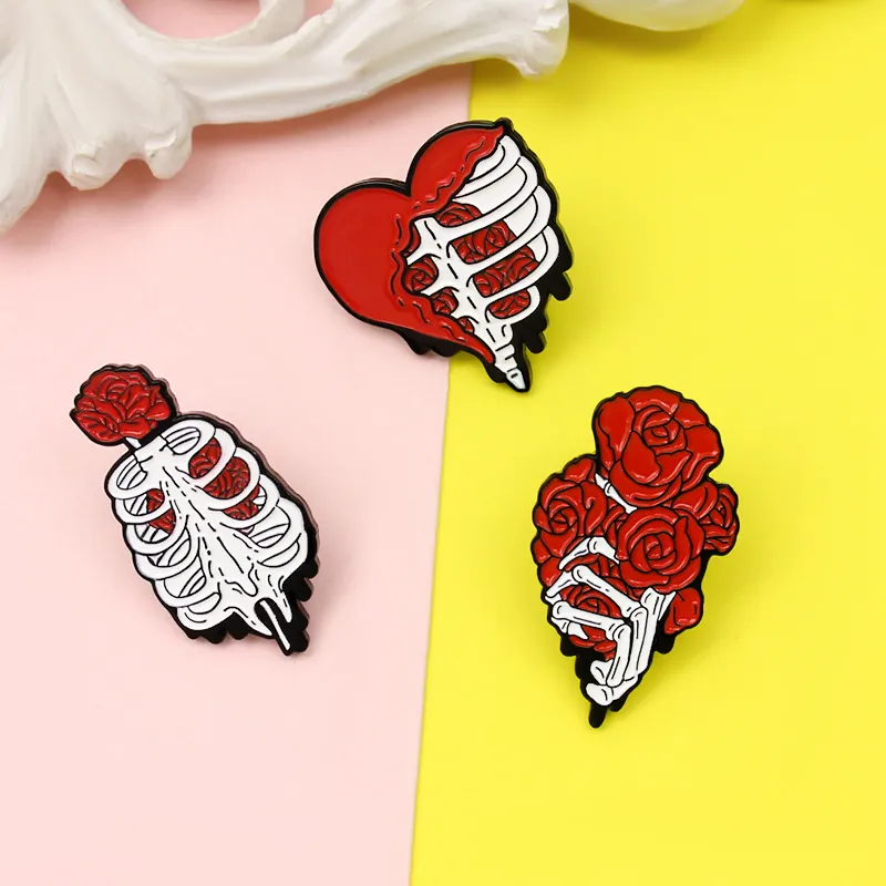 Gothic Skeleton Rose Enamel Pin Alloy Brooch Dark Romantic Rib Cage Heart Punk Jewelry For Clothing Bag