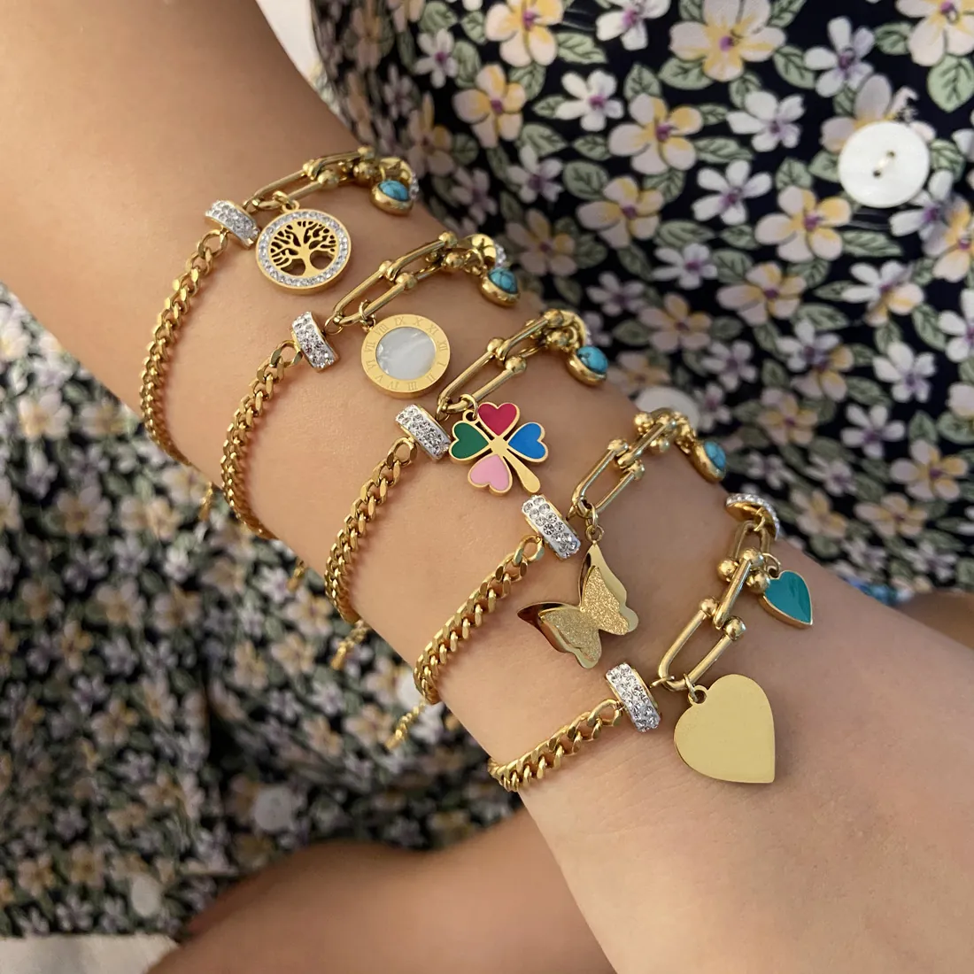 Bracelet En Acier Inoxydable Plaqué Or Pour Femme Avec Émail Fleur Coeur Papillon Arbre De Vie Bijoux Mode