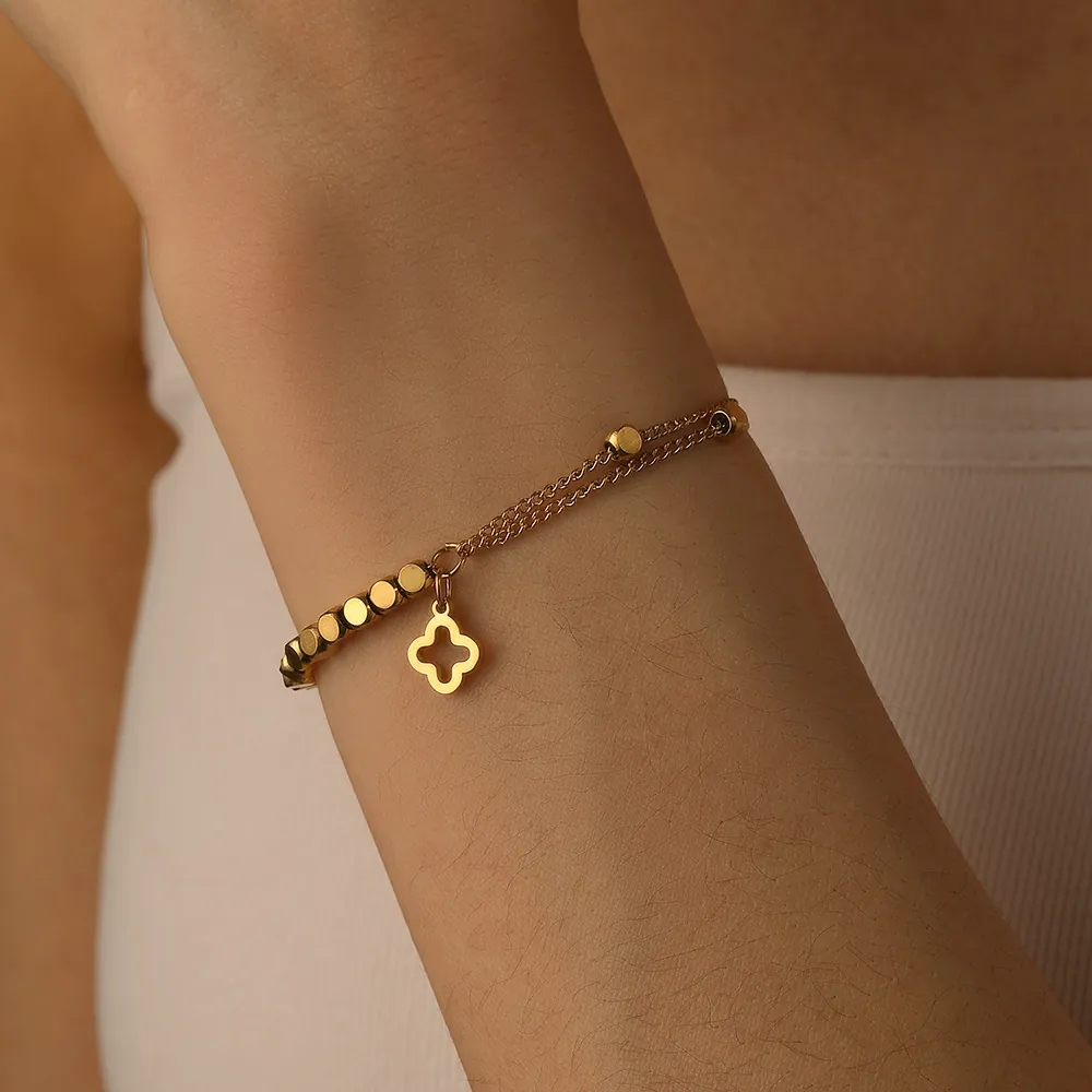 Gold Stainless Steel Layered Bracelet For Women Hollow Clover Flower Pendant Beaded Adjustable Chain Fashion Jewelry