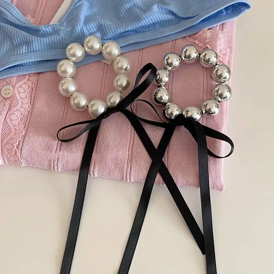 Chouchou Élégant Avec Künstliche Perles Fantaisie Et Long Ruban À Nœud Künstliche Perles Métalliques Élastique Pour Femmes Filles