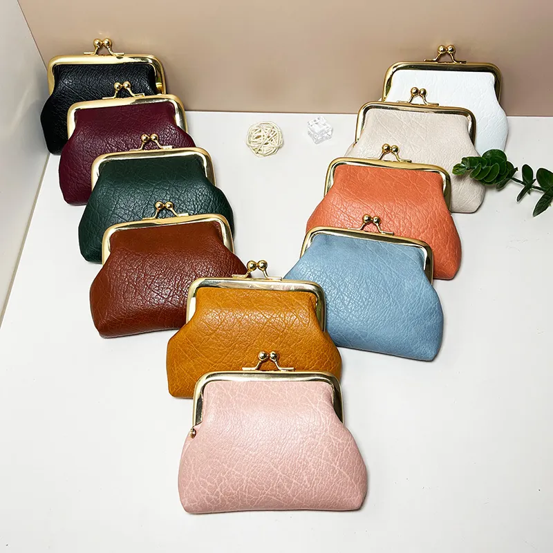Vintage Coin Purse Mini PU Leather Lychee Texture Kiss Lock Metal Buckle Small Change Pouch For Women Retro Wallet
