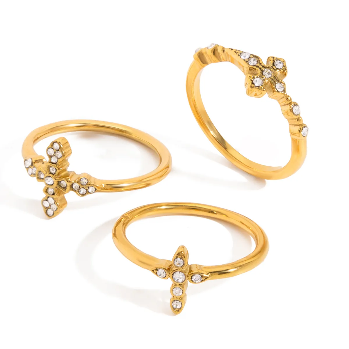 Bague Croix en Acier Inoxydable Plaqué Or pour Femmes Avec Strass Incrustés Bijoux de Doigt Géométriques Cadeau