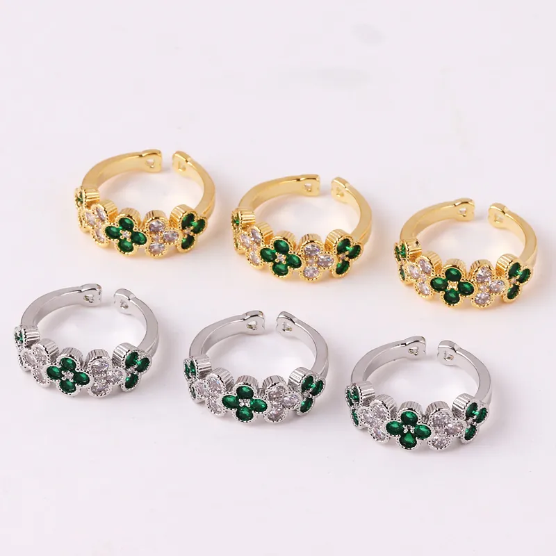 Anello Aperto Quadrifoglio Ottone Con Zircone Verde Bianco Gioielli Regolabili Regalo Elegante Per Donna
