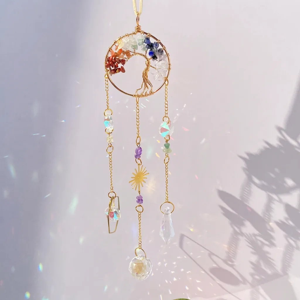 Tree Of Life Suncatcher Crystal Prism Rainbow Maker Natural Stone Hanging Ornament Boho Wall Window Decor