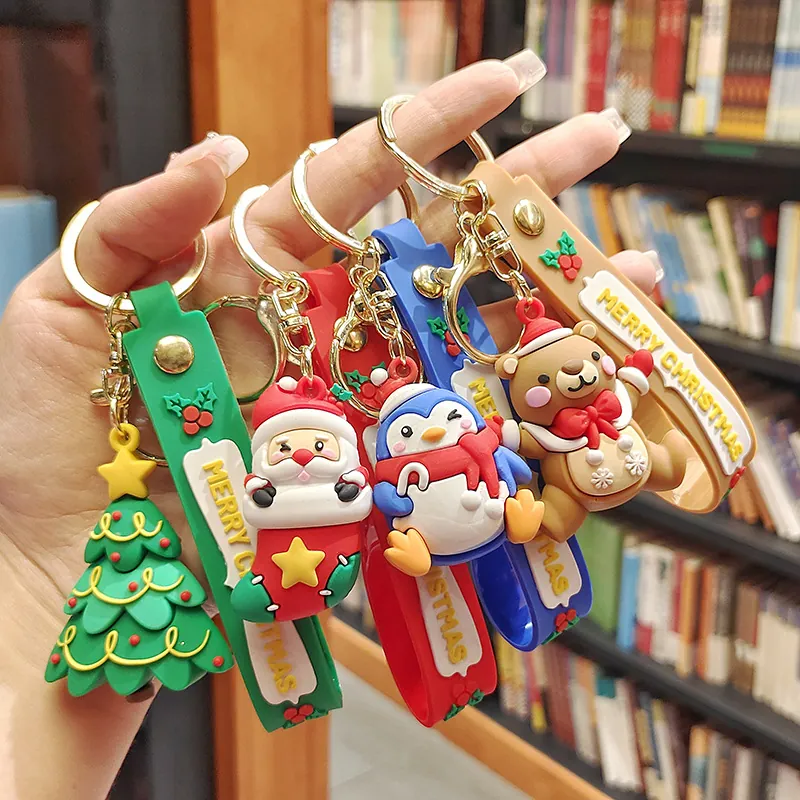 Cartoon Christmas Keychain PVC Soft Rubber Santa Claus Snowman Reindeer Tree Bag Pendant Festive Holiday Gift Cute
