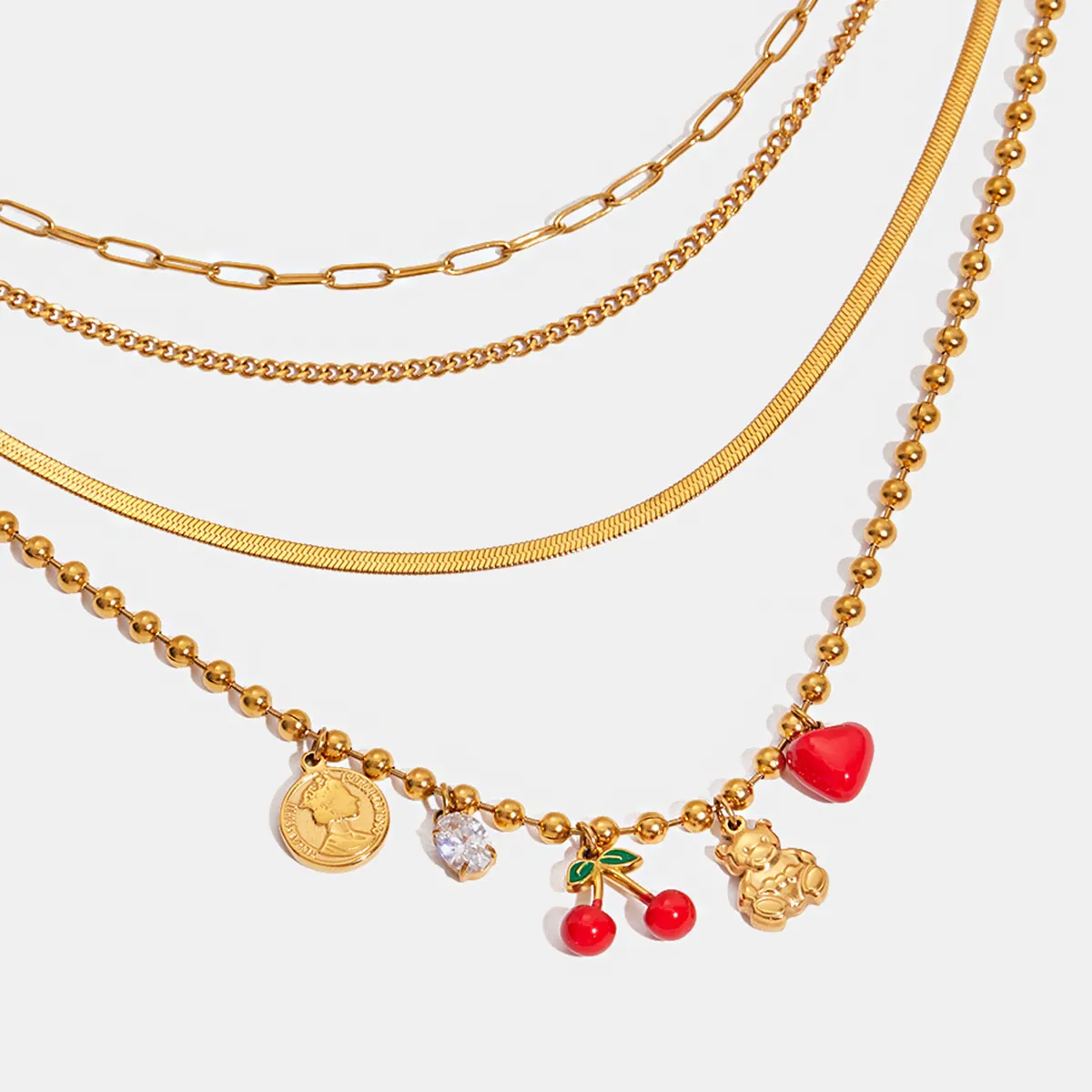 Collana Multistrato Placcata In Oro 18K Acciaio Inossidabile Con Ciondoli Ciliegia Cuore Orso Moneta Zircone Per Donna