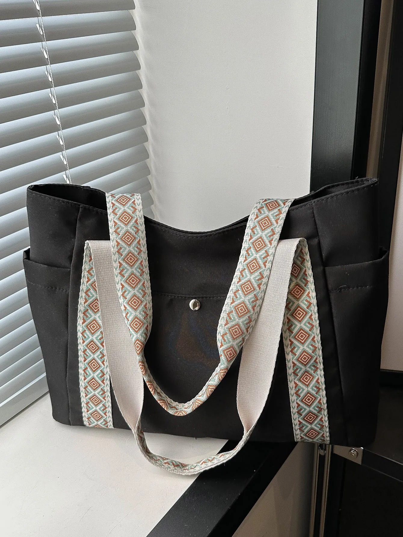 Borsa Tote In Tela Di Grande Capacità Borsa A Spalla Casual Con Tracolla Fantasia Geometrica Tasche Laterali Stile Vintage Per Donna