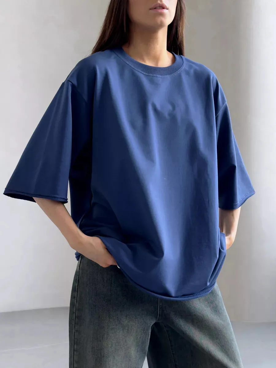 T-Shirt Donna Vintage Lavato Cotone Oversized Distressed Manica Corta Casual Girocollo Colore Solido Streetwear