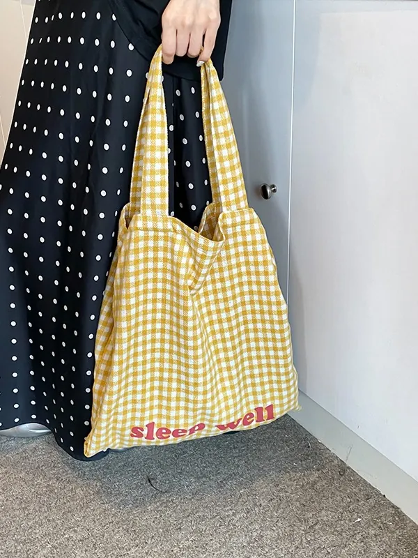 Checkered Canvas Tote Handbag Large Capacity Shoulder Bag With Letter Print For Women Daily Casual Urban Simple Style
