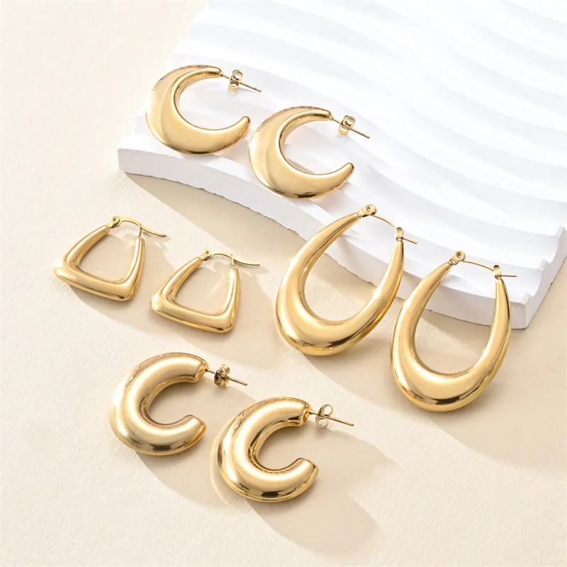 Geometric Hoop Earrings Stainless Steel 18K Gold Plated Minimalist Vintage C-Shape U-Shape Triangle Crescent Moon For Women