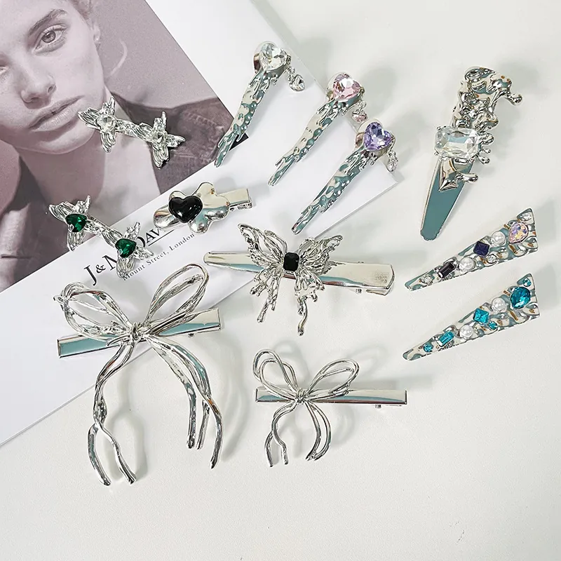 Liquid Metal Butterfly Bow Hair Clip Zinc Alloy Rhinestone Duckbill Clip Women Y2K Cool Style Accessory