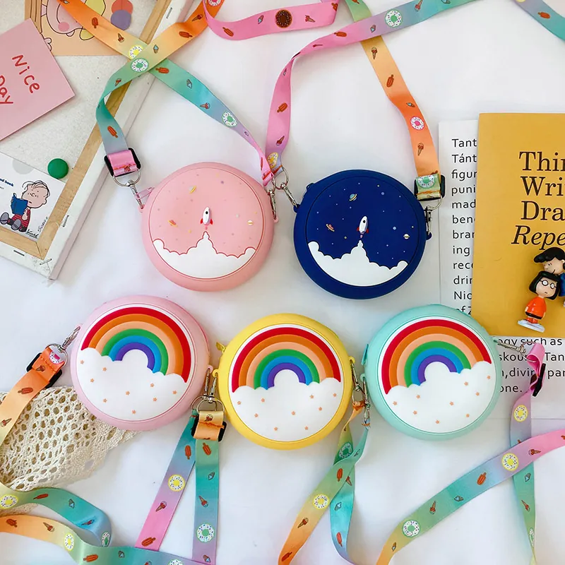 Kids Silicone Crossbody Bag Mini Round Coin Purse Rainbow Rocket Pattern Adjustable Printed Strap Cute Fashion Accessory