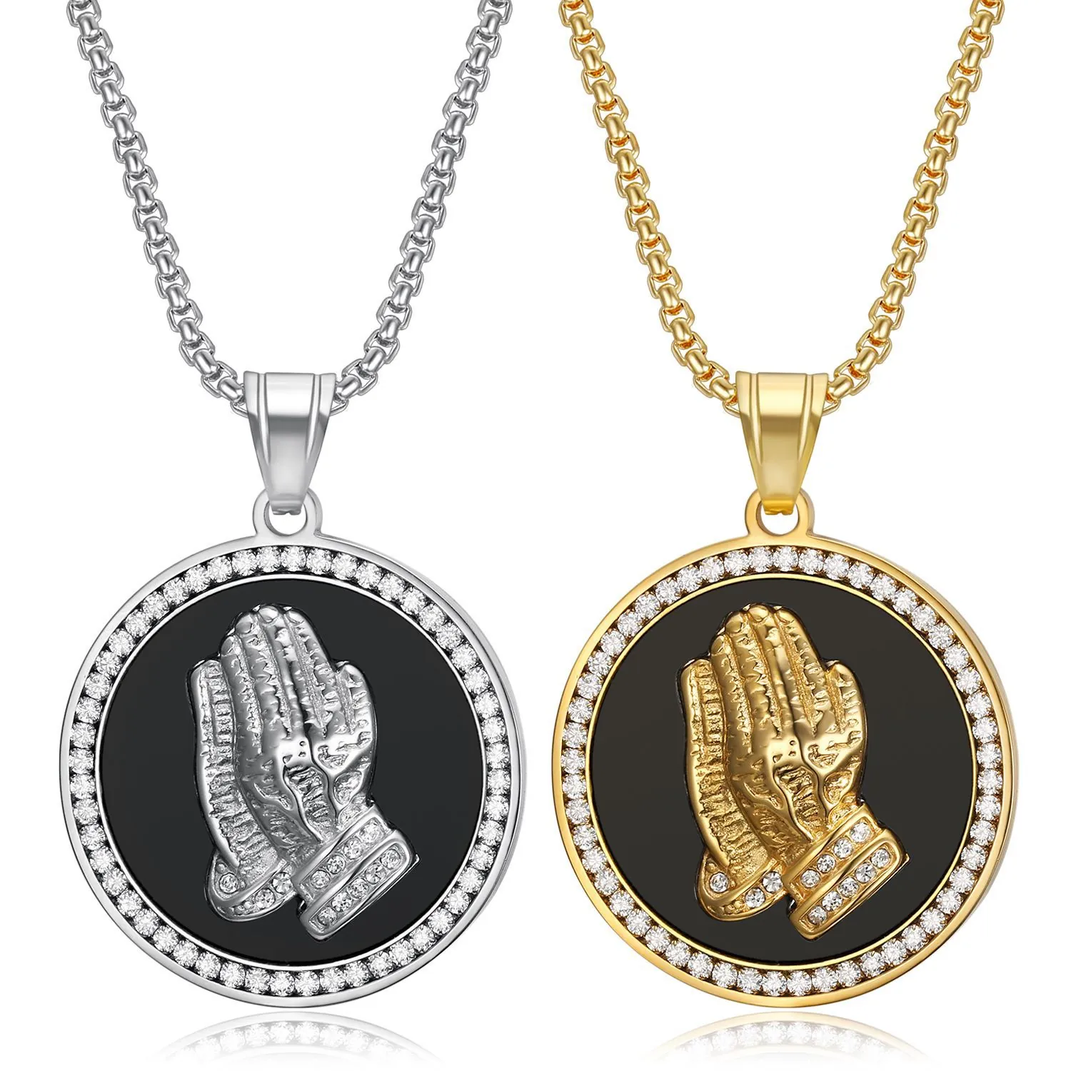 Hip Hop Titanium Steel Circle Praying Hands Pendant Necklace For Men Women Gold Silver Color Micro Inlaid Zirconia Jewelry
