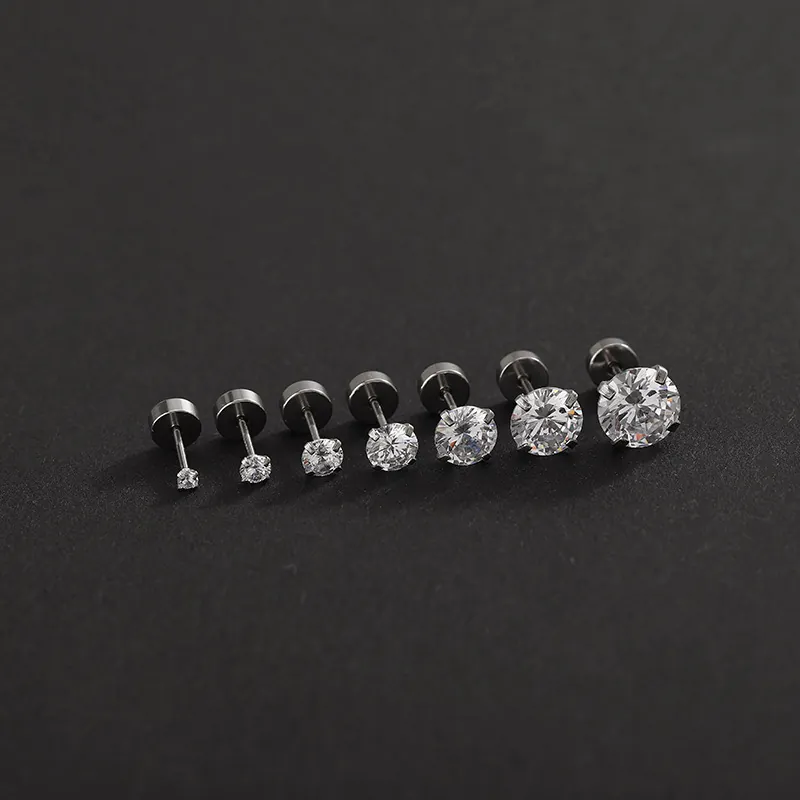 Titanium Steel Stud Earrings Round Four-Prong Cubic Zirconia Flat Back Screw-Back Cartilage Ear Piercing Unisex Jewelry