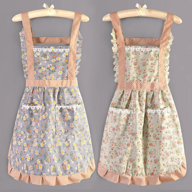 Floral Canvas Apron With Pockets Ruffle Hem Lace Trim Polka Dot Princess Style For Kitchen Cooking Cleaning Women