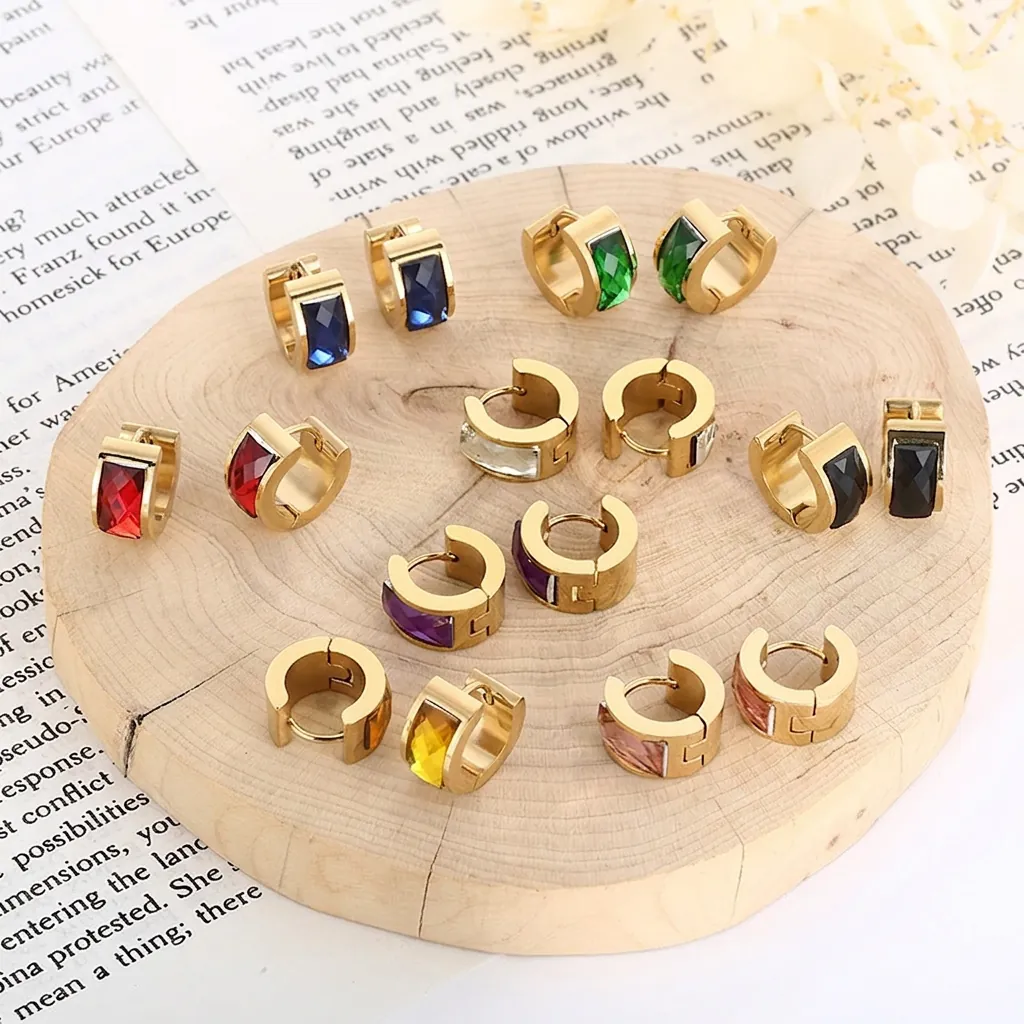 Stainless Steel Huggie Hoop Earrings Rectangular Colorful Crystal Geometric U Shaped Modern Fashion Jewelry For Women