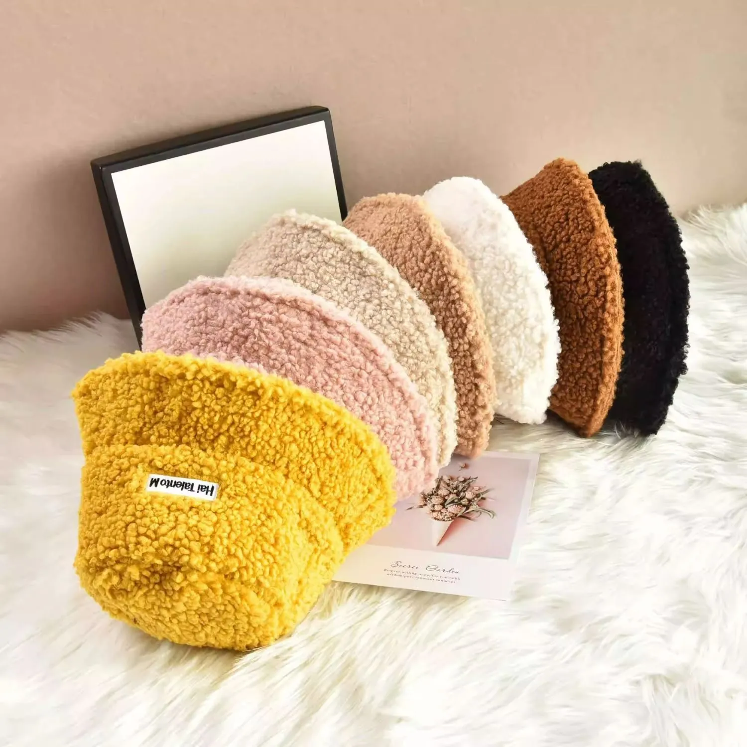 Women's Autumn Winter Lambswool Bucket Hat Warm Thickened Polyester Plush Fisherman Hat With Letter Embroidered Label Outdoor Headwear