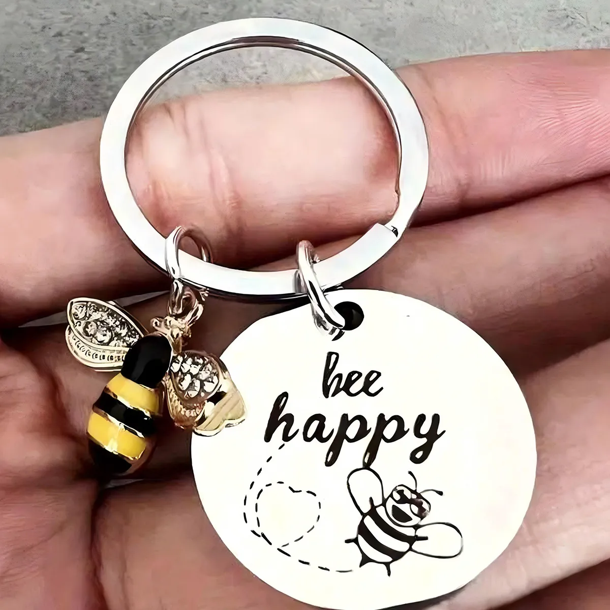 Bee Happy Stainless Steel Keychain With Enamel Rhinestone Bee Charm Inspirational Quote Metal Keyring Gift