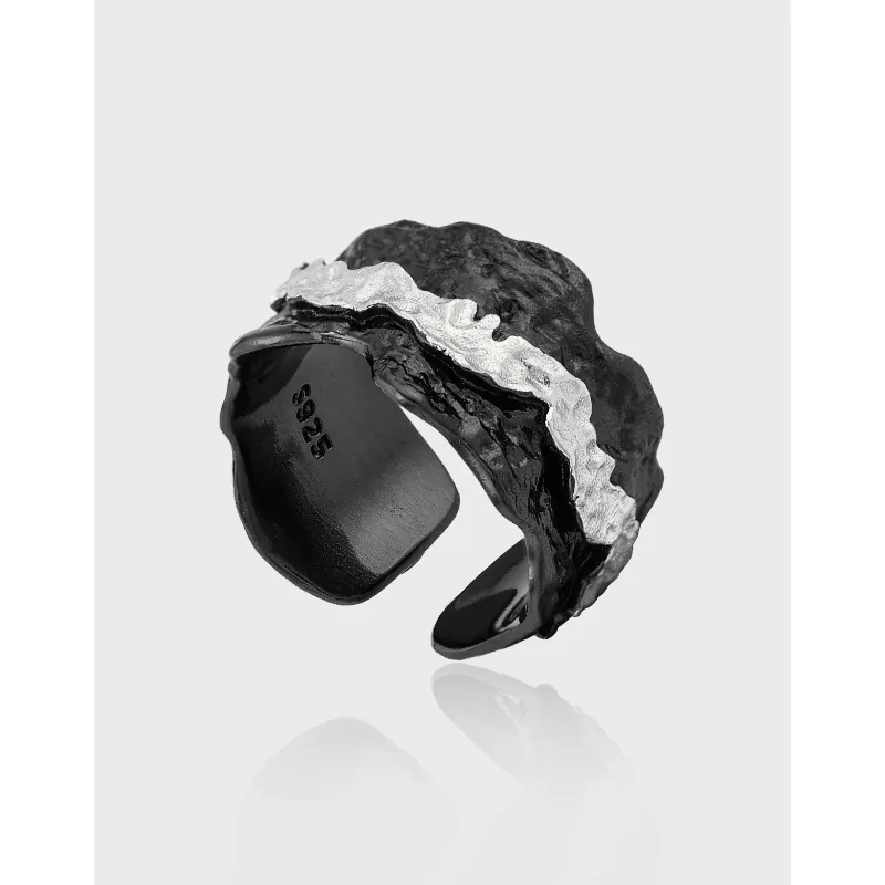 S925 Sterlingsilber Offener Ring Damen Lavatextur Unregelmäßiger Stein Industrieller Zweifarbiger Verstellbarer Band Ring Schmuck