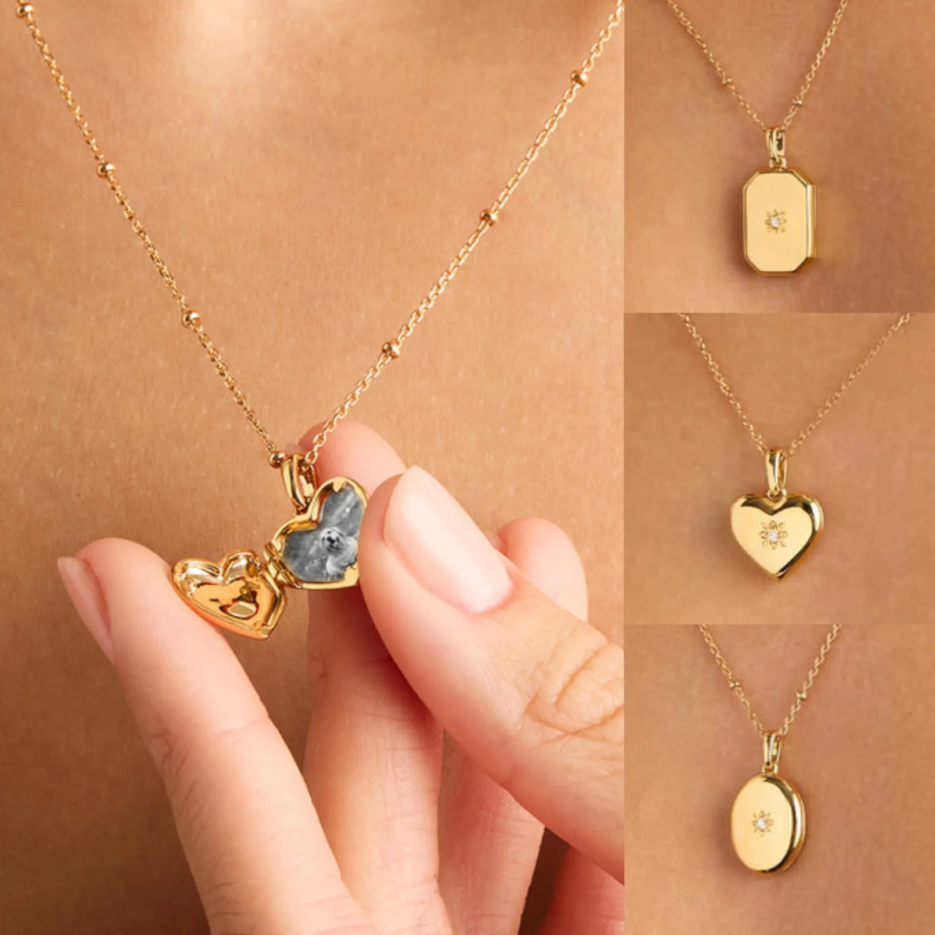 Heart Oval Rectangle Locket Necklace Openable Photo Frame Pendant Copper Gold Plated Cubic Zirconia Ins Minimalist Jewelry