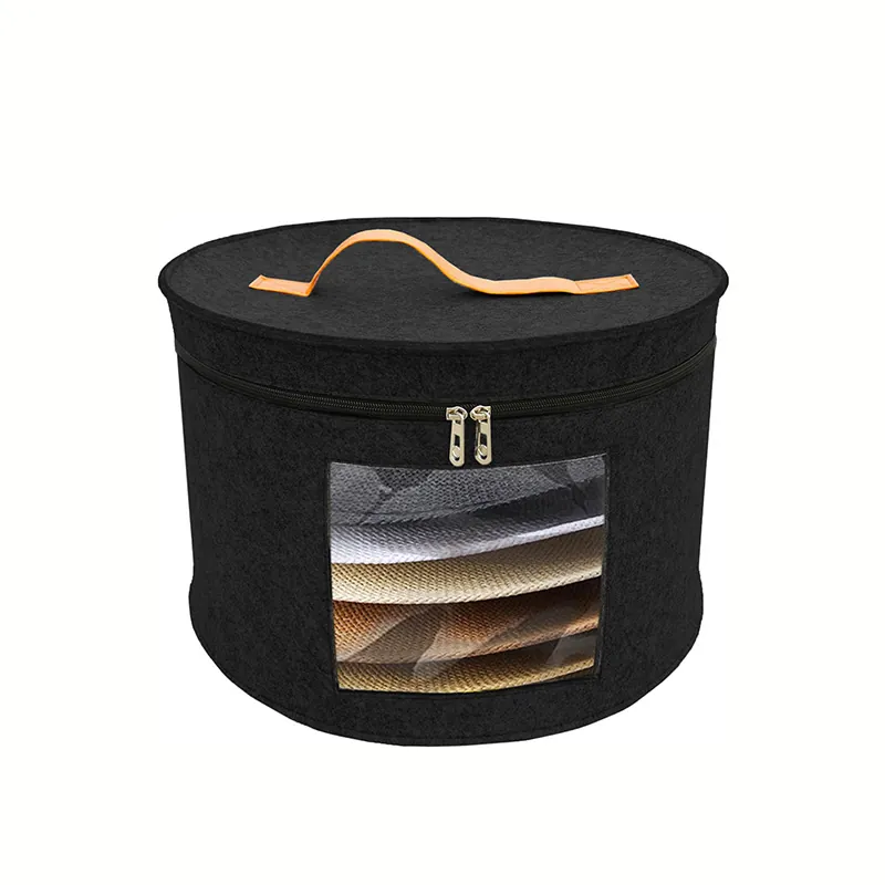 Round Felt Hat Storage Box Large Capacity Travel Hat Box With Transparent Window And Handle Foldable Dustproof Closet Organizer