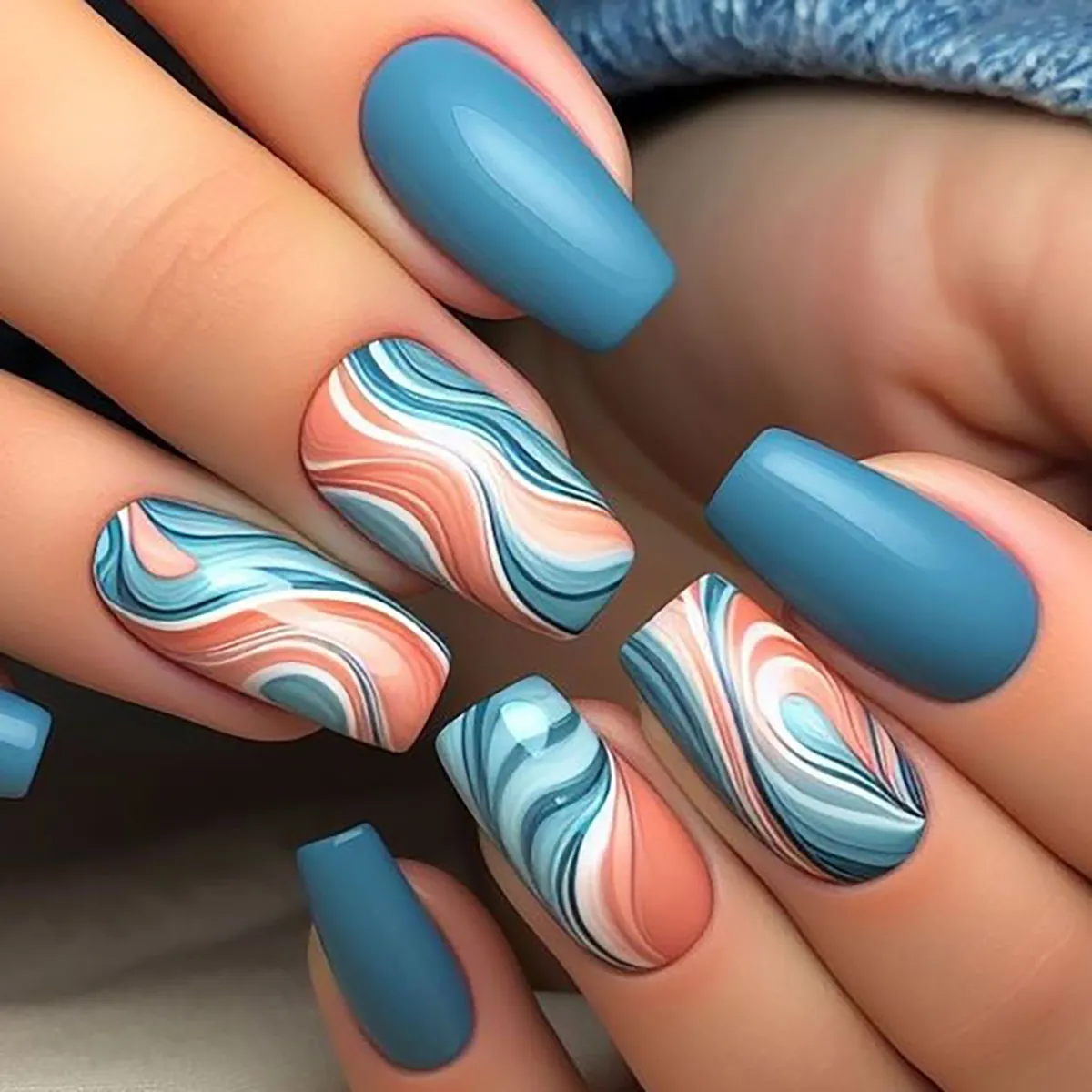 Coffin Press On Nails Marble Swirl Pattern Glossy Blue Orange White Artificial Fake Nails For Women Simple Elegant Style
