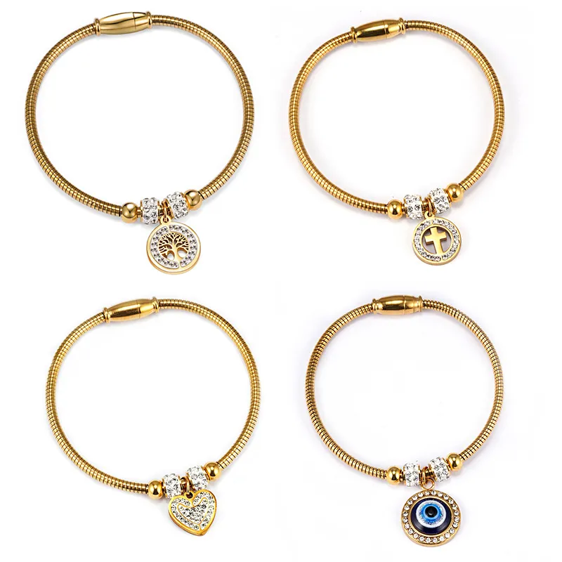 Stainless Steel Snake Chain Bracelet With Magnetic Clasp Rhinestone Heart Cross Tree Of Life Evil Eye Charms For Women