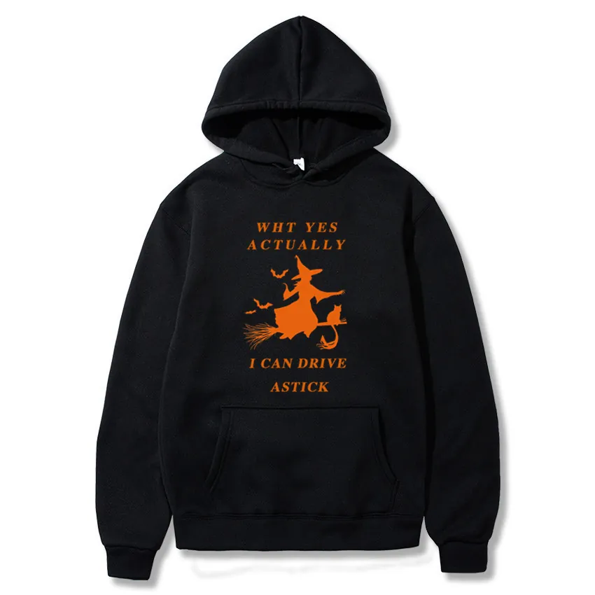 Men Halloween Witch Hoodie Long Sleeve Polyester Fleece Graphic Print I Can Drive A Stick Pullover Sweatshirt