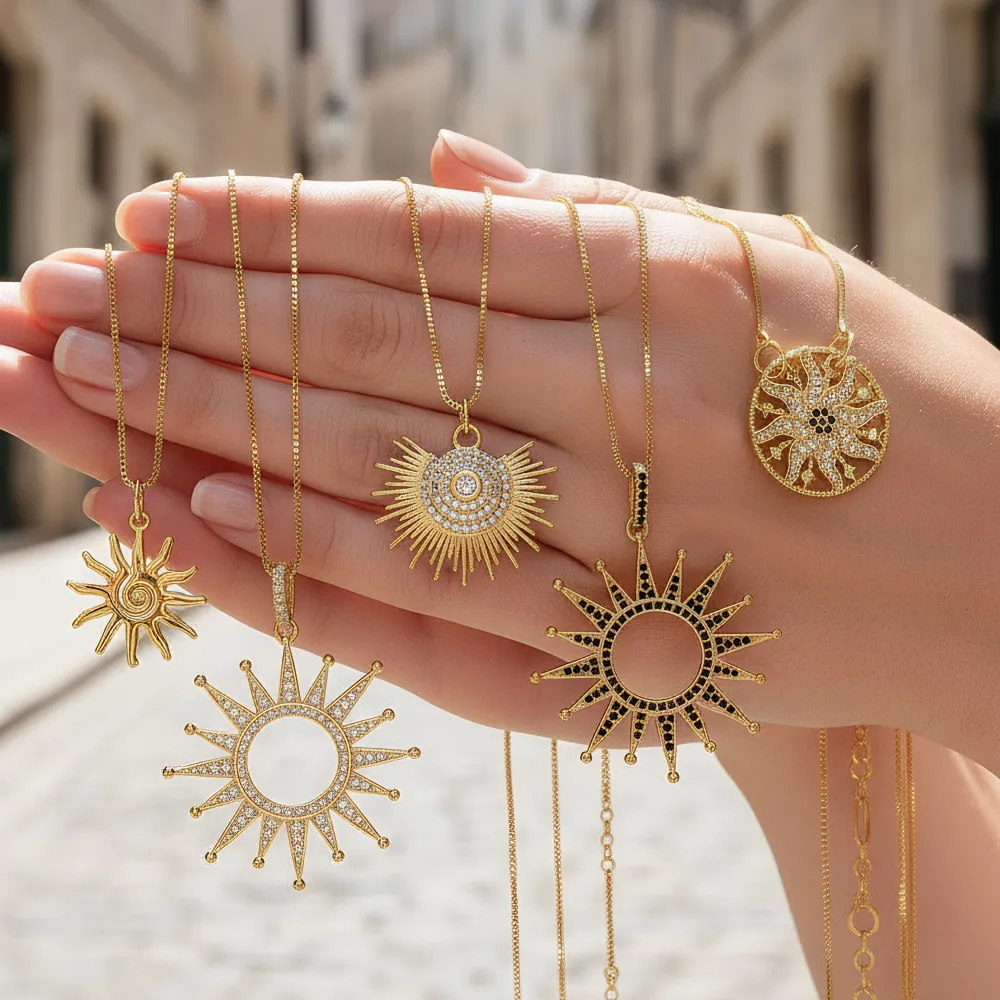 Punk Style Sun Octagram Pendant Necklace Copper Inlaid Zirconia Hollow Design Vintage Fashion Jewelry For Unisex Gift