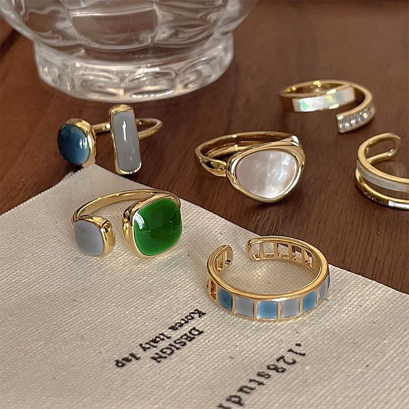 Adjustable Open Rings For Women Vintage Light Luxury Geometric Gemstone Enamel Zirconia Shell Fashion Jewelry Gift