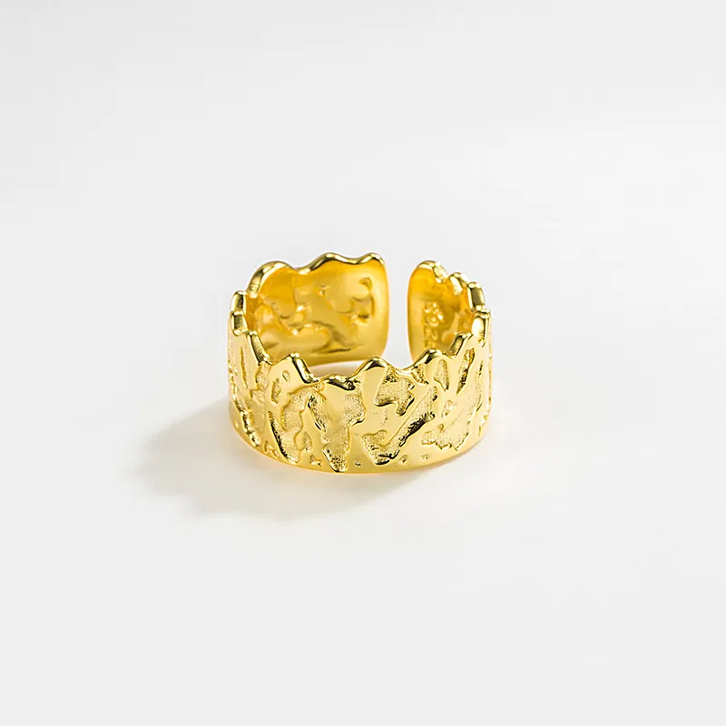 Anello Aperto in Argento Sterling 925 Texture Lavica Irregolare Geometrico Minimalista Regolabile per Donna Gioielli