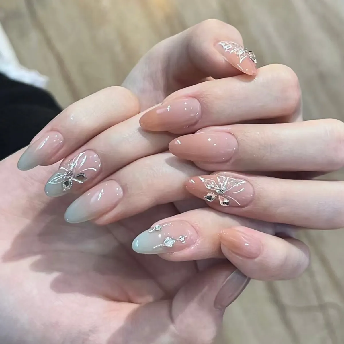 Press On Nails Almond Shape Butterfly Pattern Pink Blue Gradient Rhinestones Shiny Manicure DIY Nail Art