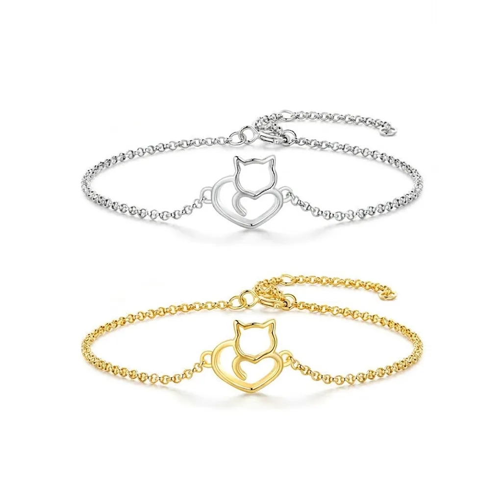 Bracciale Gatto E Cuore Cavo Argento Sterling 925 Gioielli Minimalisti Carino Animale Per Donne Ragazze