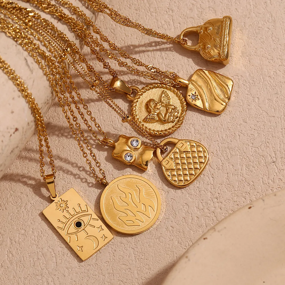 Vintage Stainless Steel 18K Gold Plated Pendant Necklace For Women Retro Portrait Sun Tarot Coin Geometric Rhinestone Charm