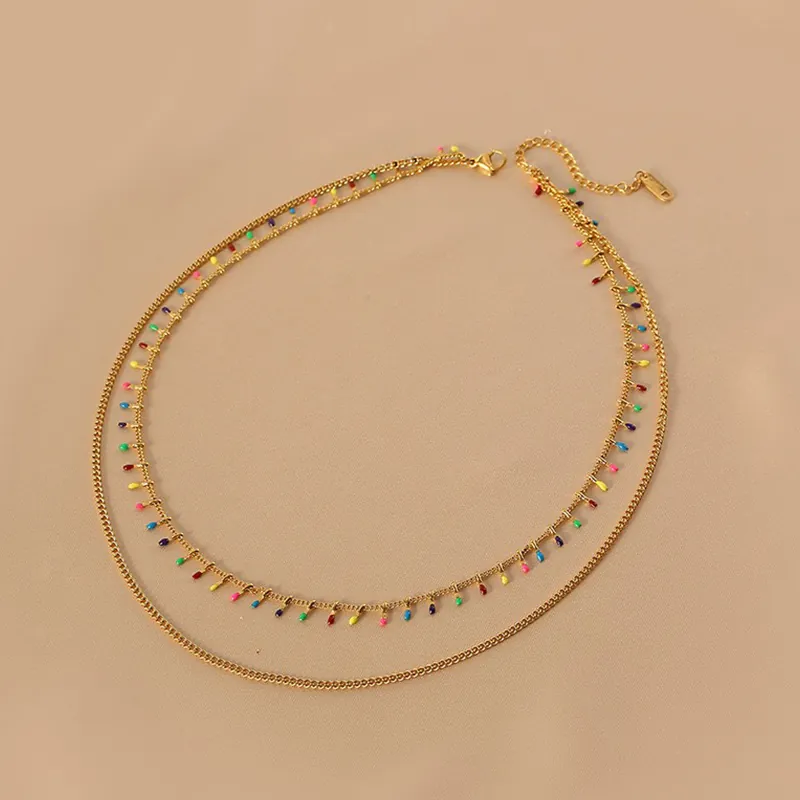 Double Layer Titanium Steel Necklace For Women Colorful Enamel Teardrop Pendant Niche Clavicle Chain Trendy Jewelry