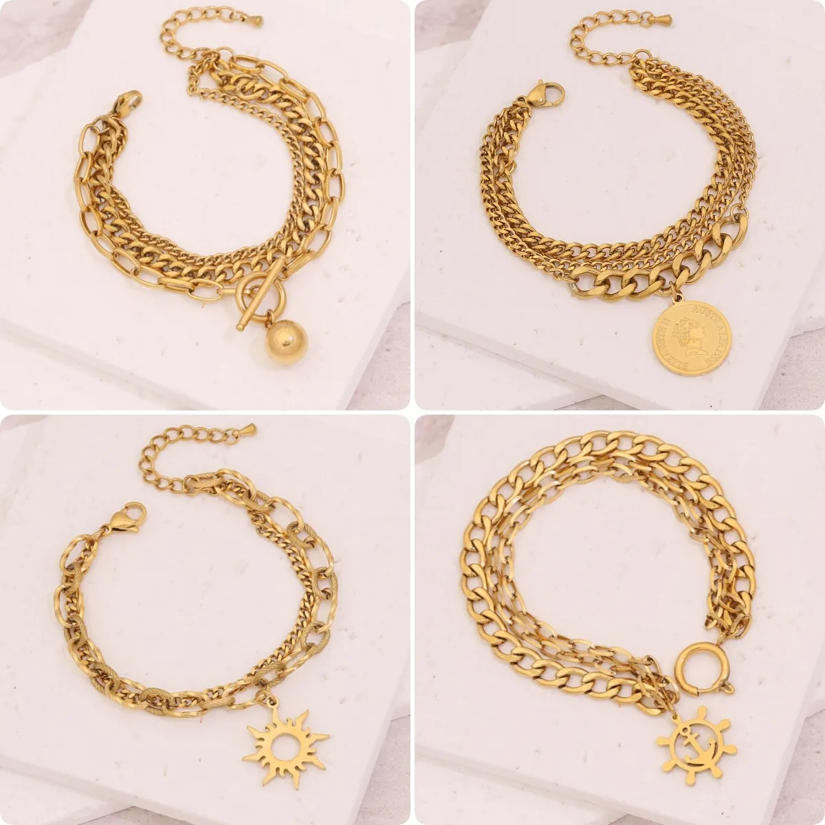 Bracelet À Chaîne Multicouche Pour Femmes En Acier Inoxydable Hip Hop Maillons Épais Gouvernail Ancre Pièce Soleil Pendentif Réglable