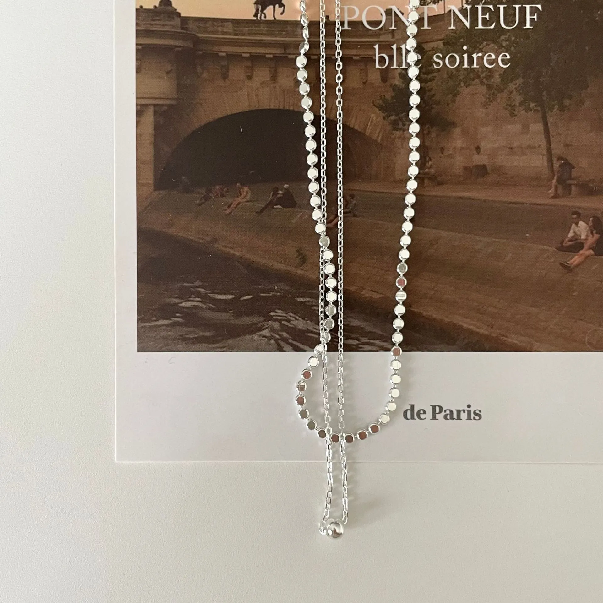 925 Sterling Silver Double Layer Necklace Round Bead Pendant Disc Chain Minimalist Elegant Jewelry For Women