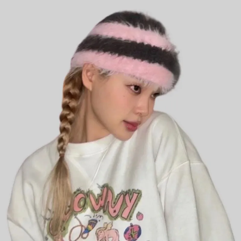 Gorro De Piel De Visón Sintética A Rayas Gorro De Punto Cálido Para Mujer Invierno Suave Cortavientos