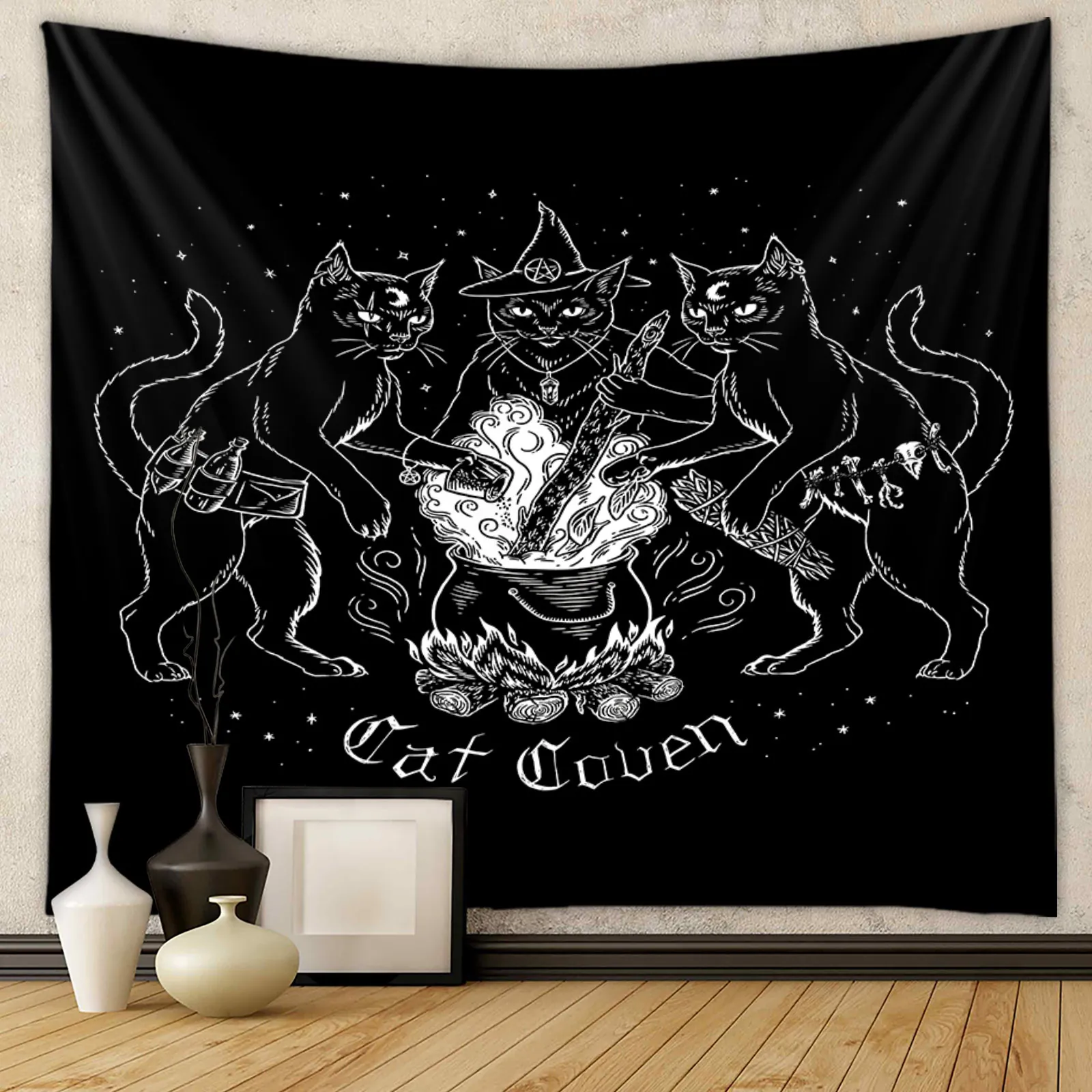 Black Cat Tapestry Wall Hanging Polyester Fabric Mystical Moon Phase Gothic Witchy Decor For Living Room Bedroom