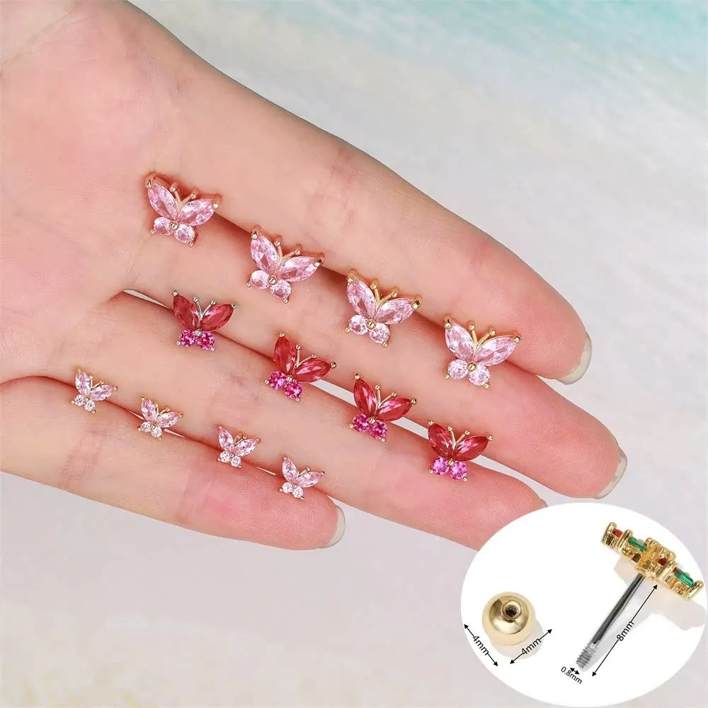 Orecchini Cartilagine Farfalla Rame Zirconia Cubica Perno In Acciaio Inossidabile Chiusura A Vite Gioielli Dolce Donna