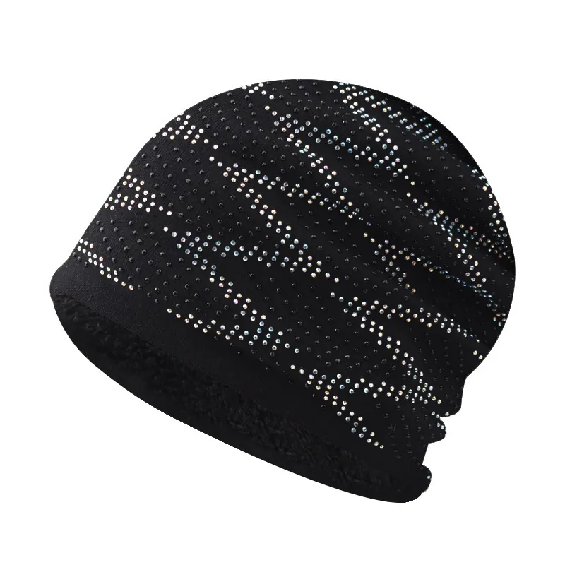 Women Winter Knitted Beanie Hat With Rhinestone Plaid Pattern Fleece Lined Warm Windproof Soft Skull Cap
